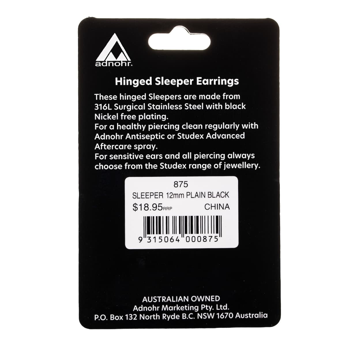 Thumbnail Studex Plain Sleeper Earring Black 12mm - 1 Pair