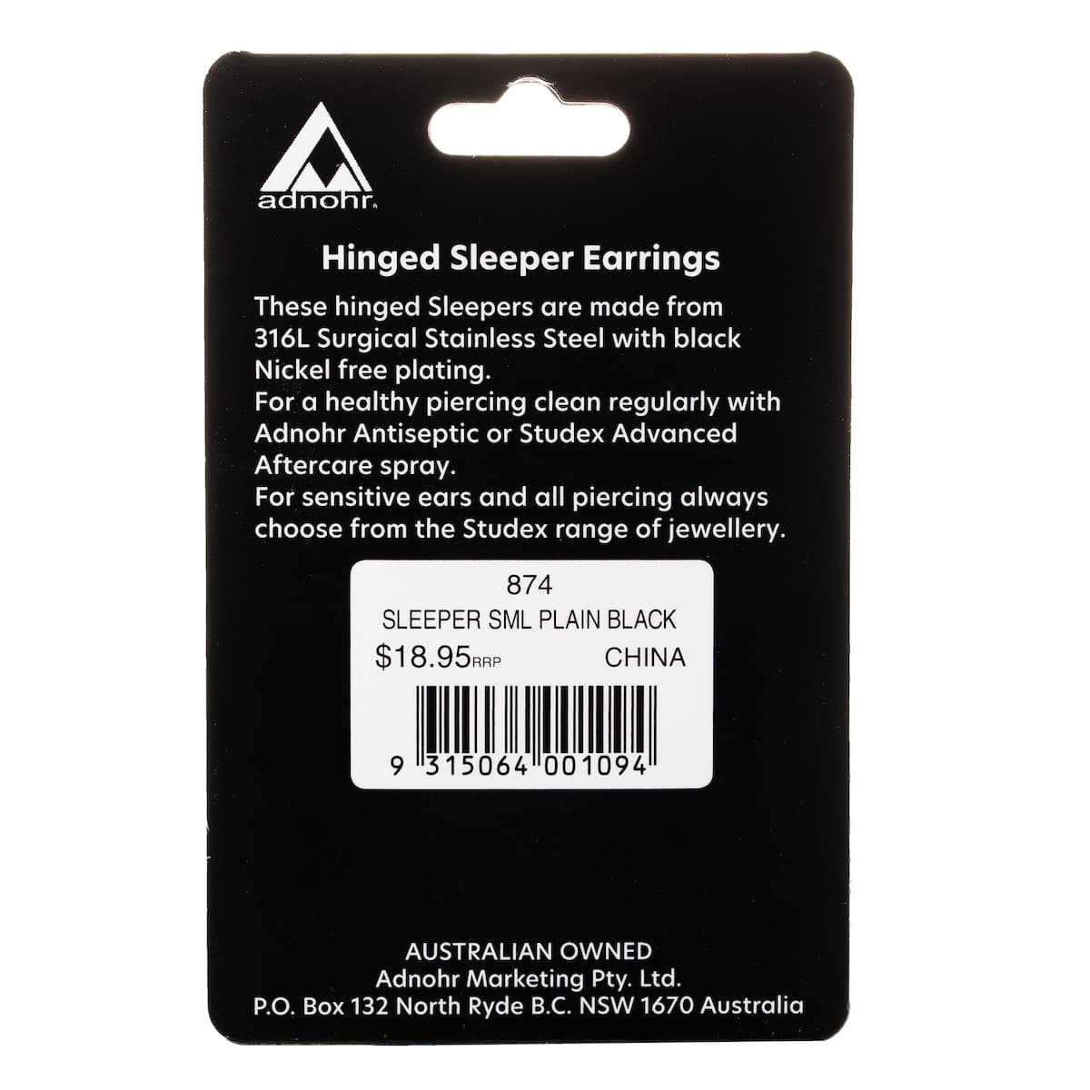 Thumbnail Studex Mini Plain Sleeper Earrings Black 8mm - 1 Pair