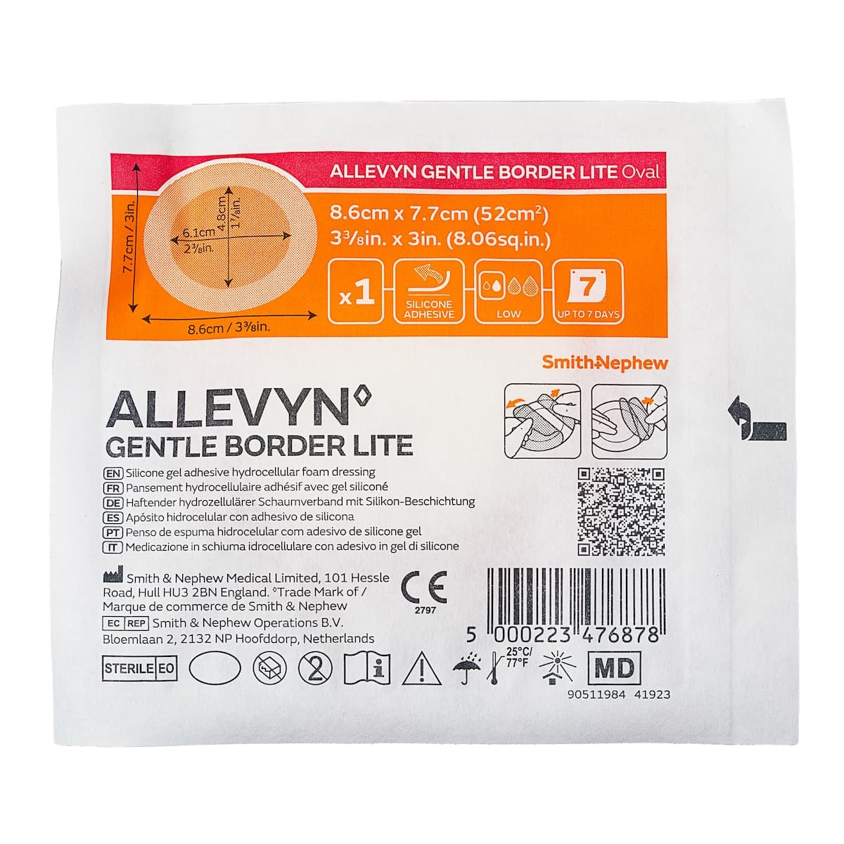 Thumbnail Allevyn Gentle Border Lite Oval 8.6cm x 7.7cm Foam Dressing Single