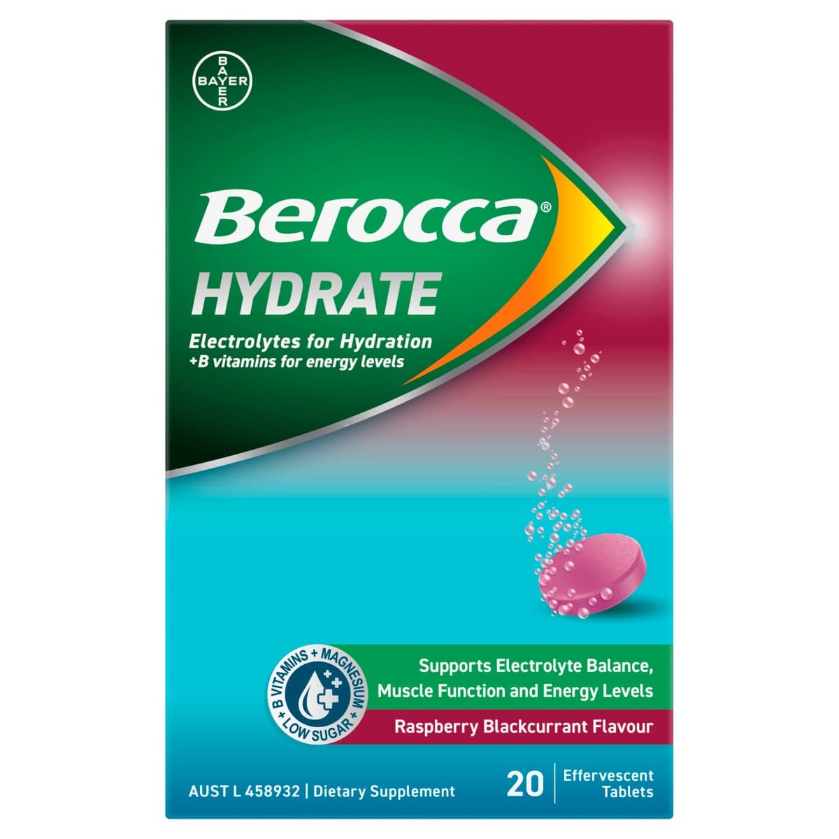 Thumbnail Berocca Hydrate Electrolyte Effervescent Tablets Raspberry Blackcurrant 20 Pack