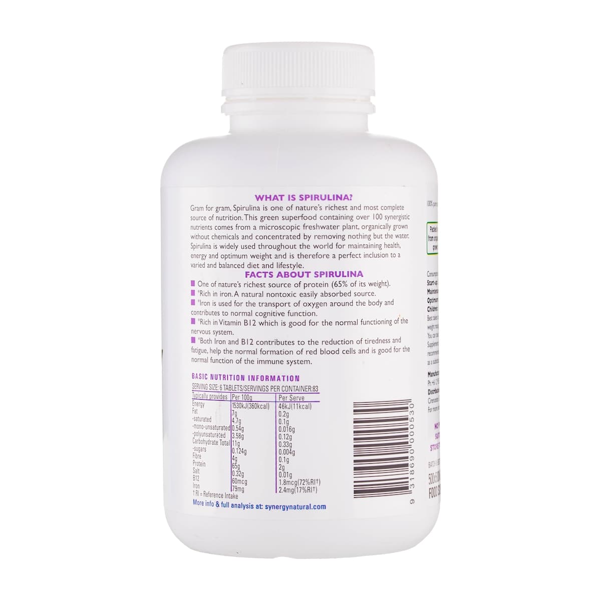 Thumbnail Synergy Natural Organic Spirulina 500 Tablets