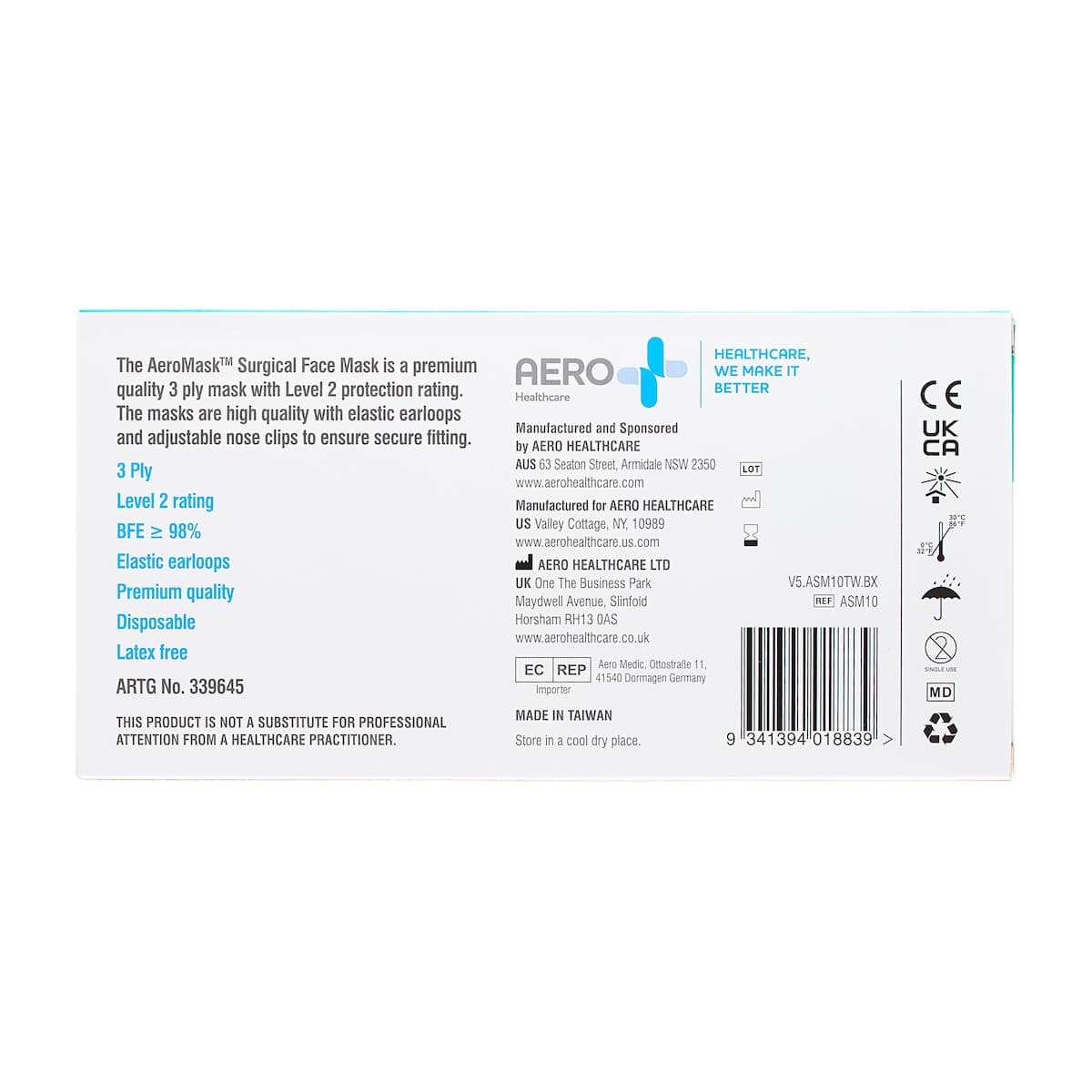 Thumbnail AeroMask Surgical Face Mask with Earloops Level 2 10 Pack