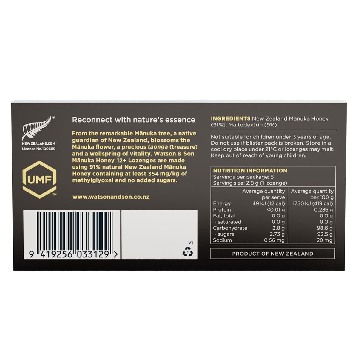Thumbnail Watson & Son Manuka Honey with Lemon UMF 12+/MGO 354+ Lozenges 8 x 2.8g
