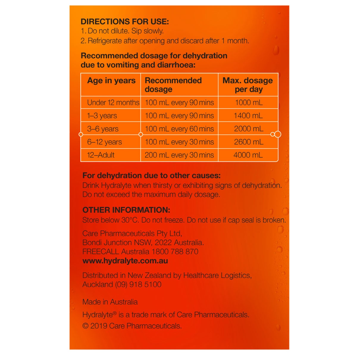 Thumbnail Hydralyte Ready to Use Electrolyte Solution Orange 4 x 250ml