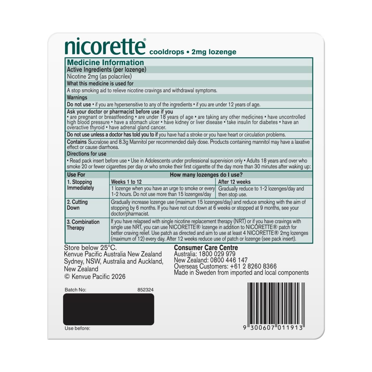 Thumbnail Nicorette Quit Smoking Cooldrops Icy Mint 2mg 160 Nicotine Lozenges