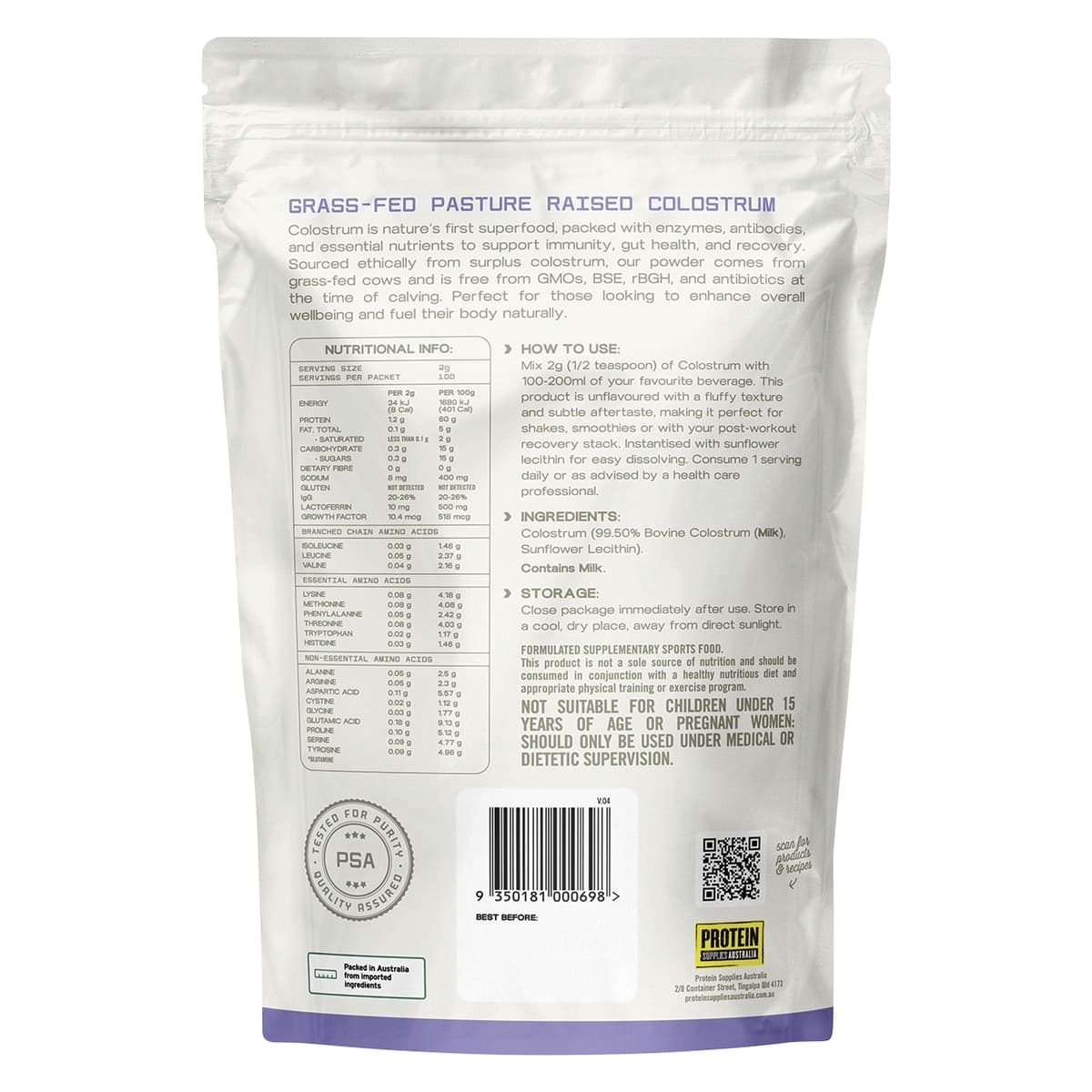 Thumbnail Protein Supplies Australia Grass Fed Colostrum Unflavoured 200g