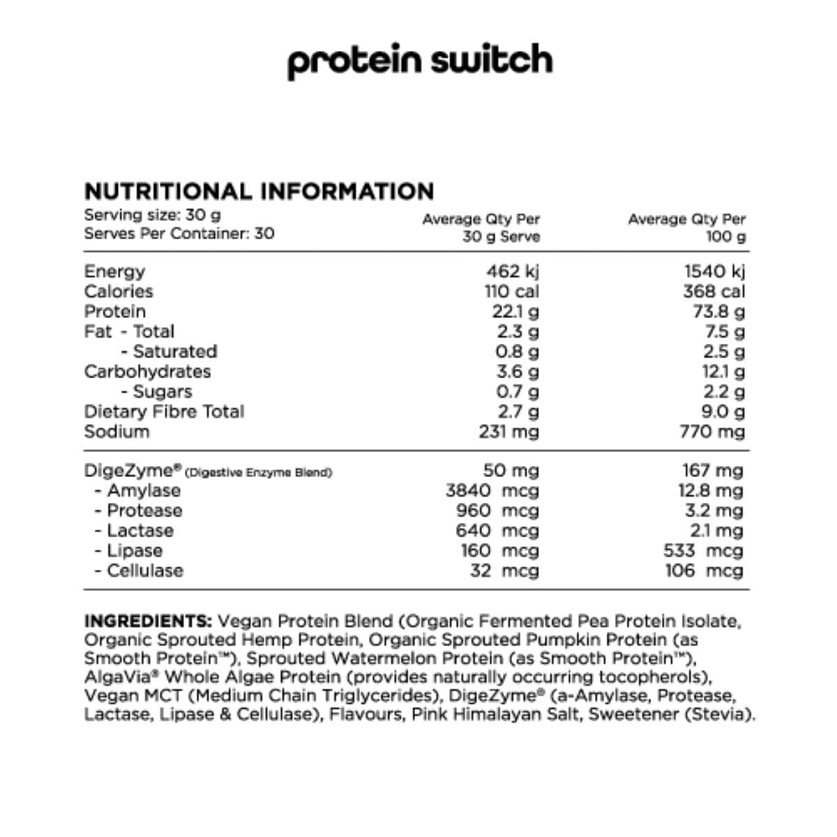 Thumbnail Switch Nutrition Organic Sprouted Plant Protein Vanilla Bean 900g