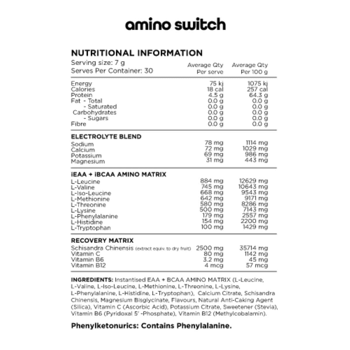 Thumbnail Switch Nutrition Amino EAA + BCAA Recovery Matrix Lemonade 210g