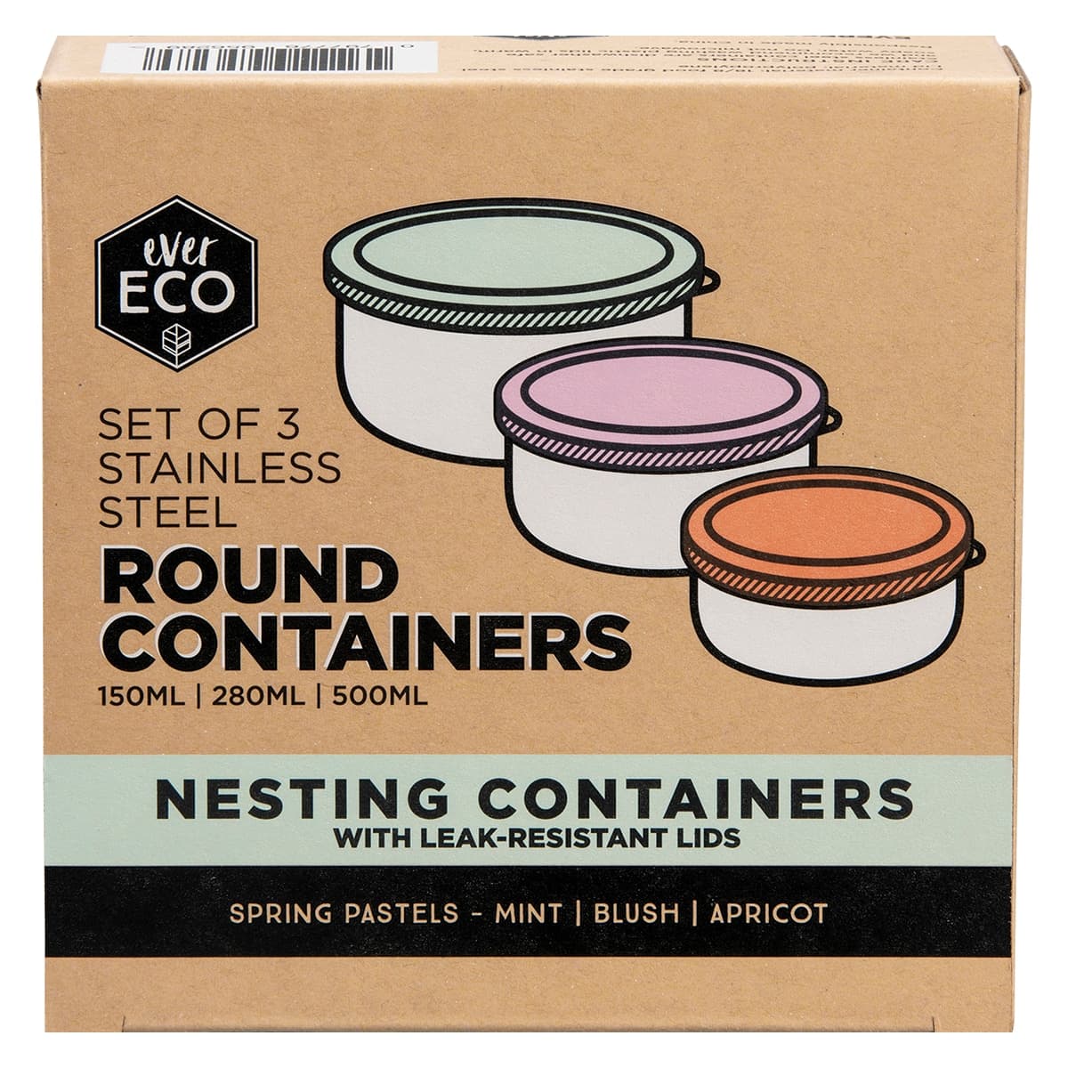Thumbnail Ever Eco Stainless Steel Round Food Containers + Lids Pastels 3 Pack