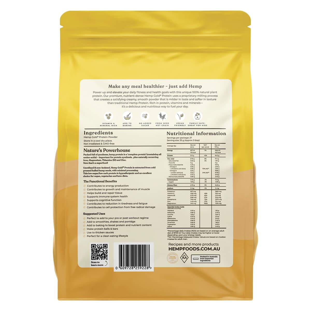 Thumbnail Hemp Foods Australia Organic Hemp Gold Protein Powder 900g