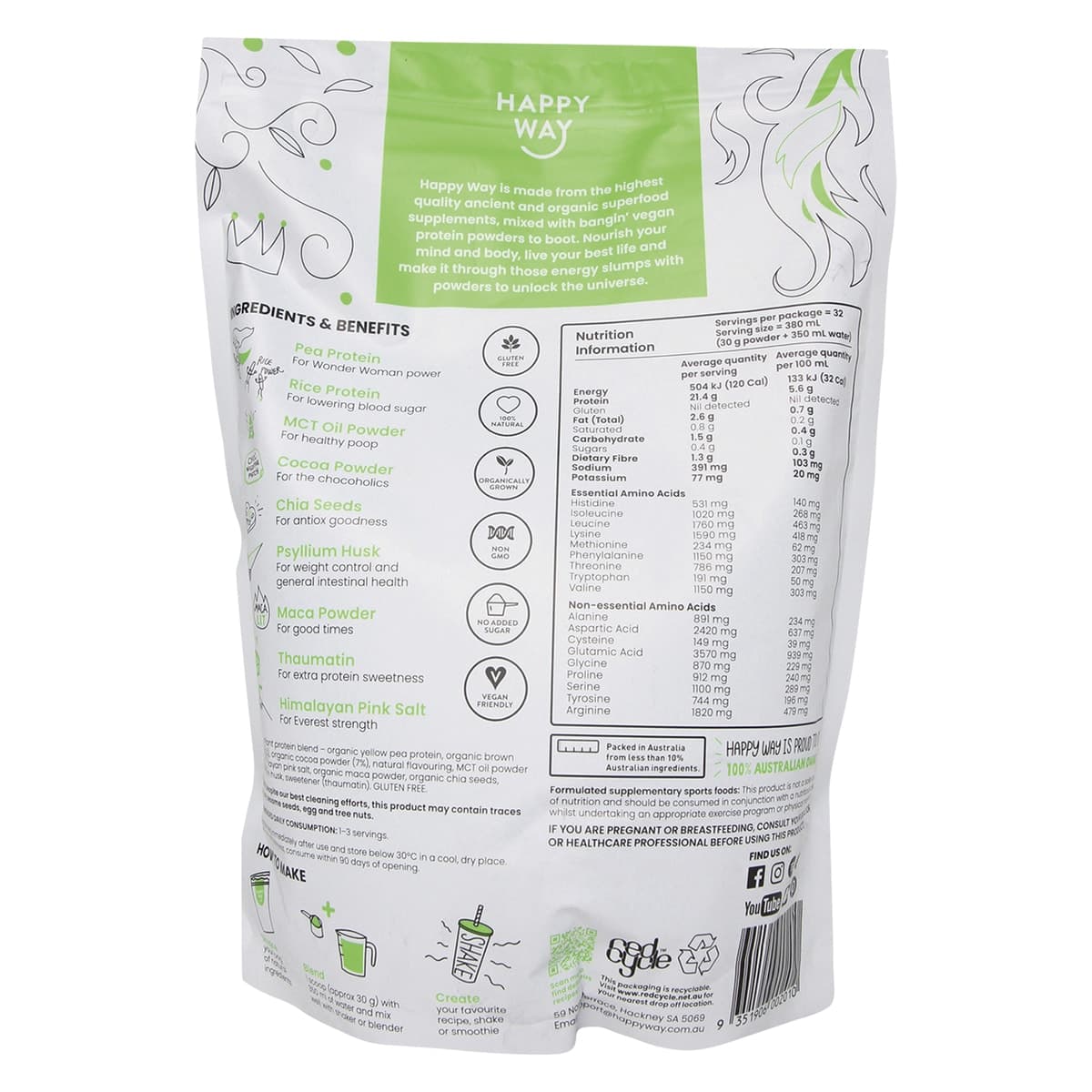 Thumbnail Happy Way Vegan Protein Powder Chocolate 1kg