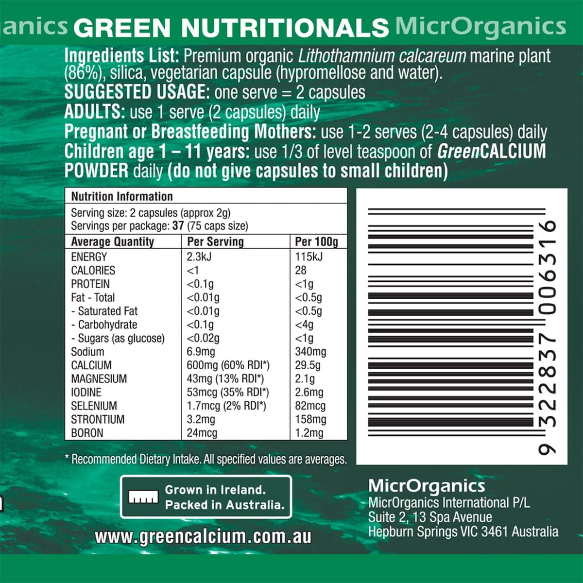 Thumbnail Green Nutritionals Green Calcium 60 capsules