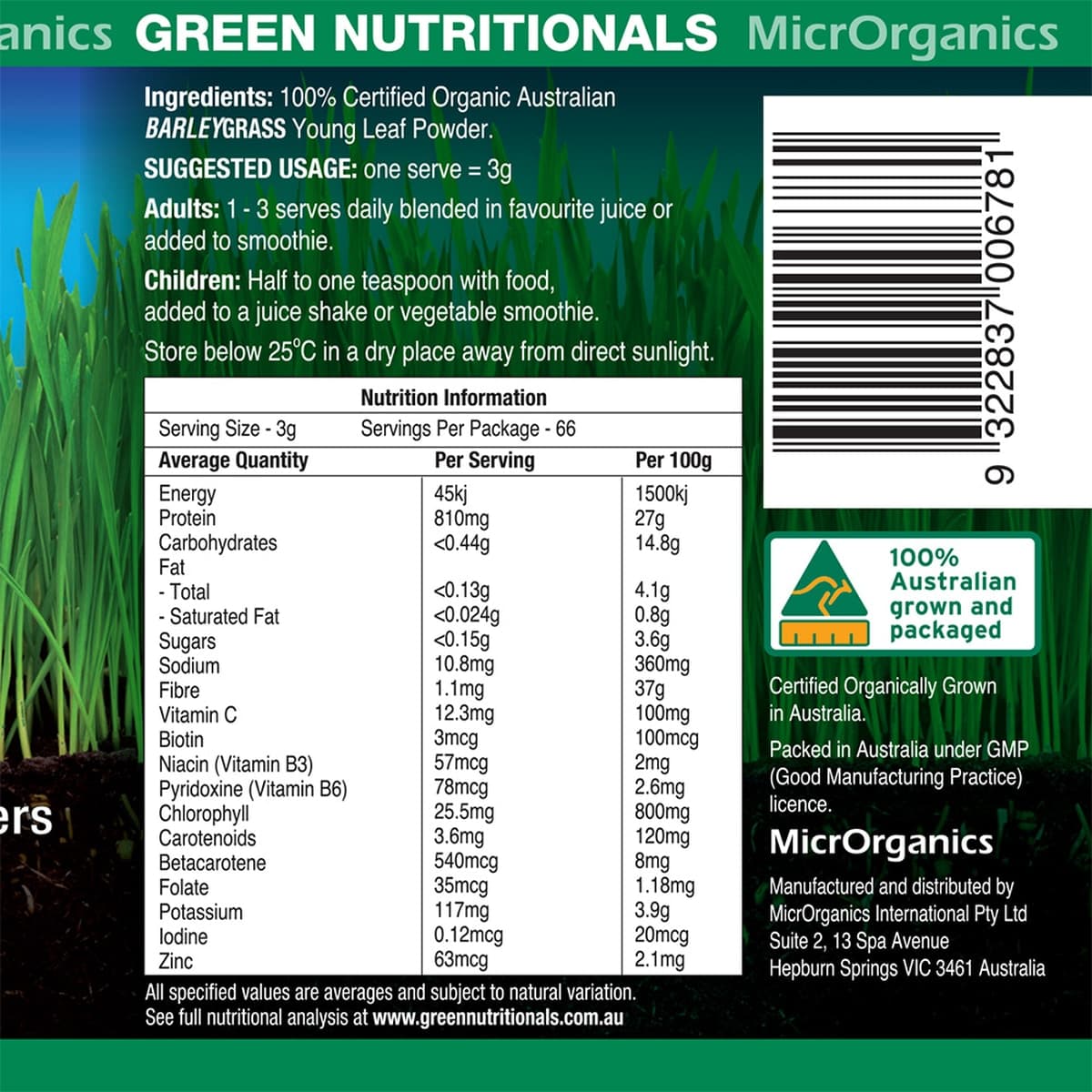 Thumbnail Green Nutritionals 100% Organic Australian Barley Grass 200g