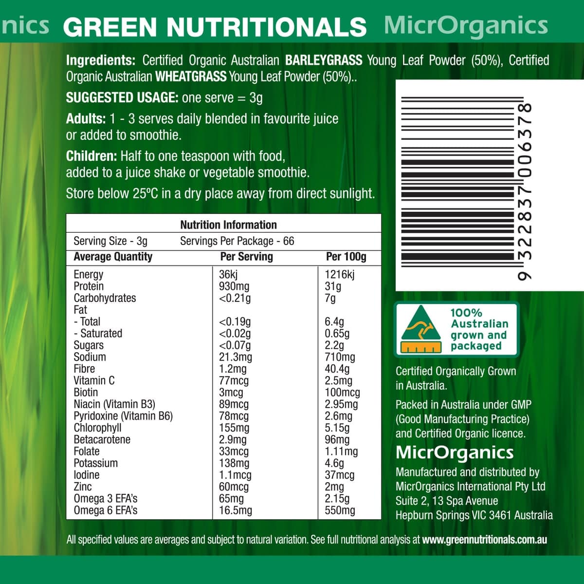 Thumbnail Green Nutritionals Organic Supergrass Powder 200g