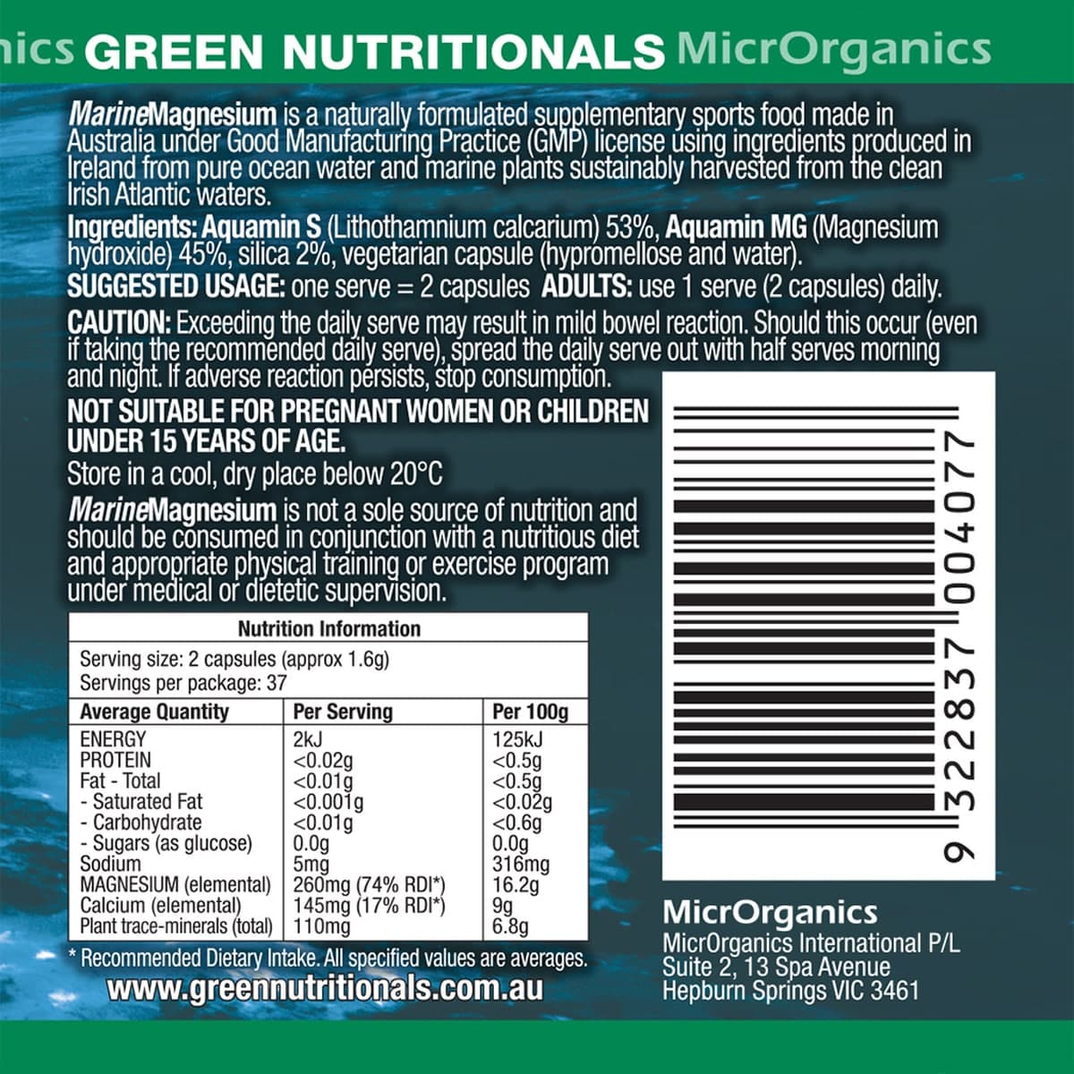 Thumbnail Green Nutritionals Marine Magnesium 60 Vegan Capsules