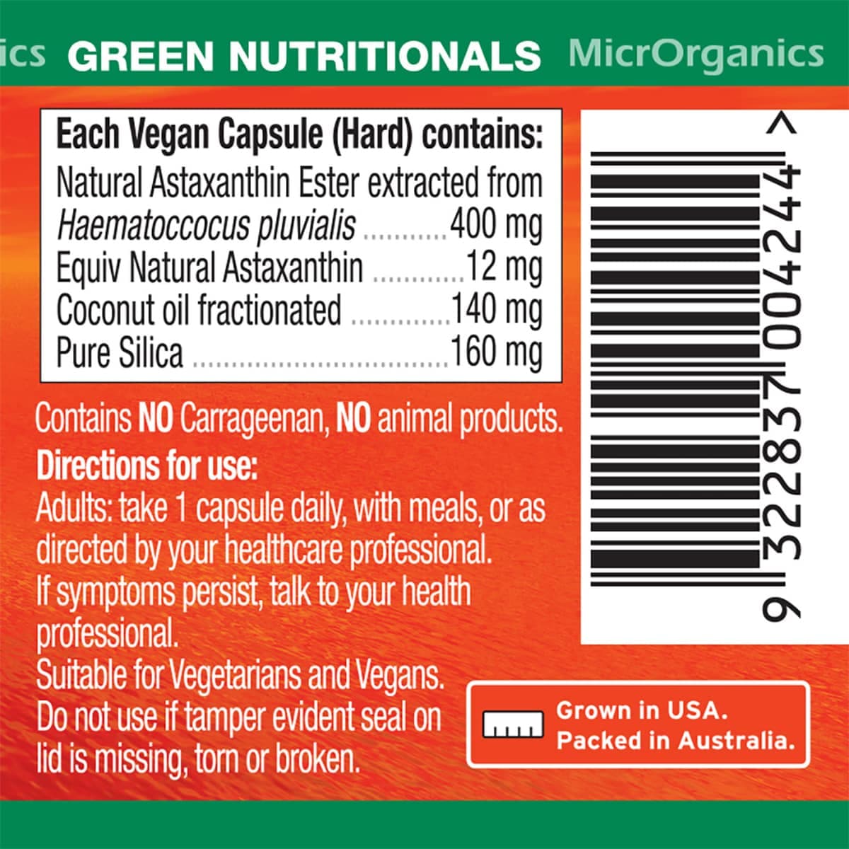Thumbnail Green Nutritionals Natural Astaxanthin 12mg 20 Vege Capsules
