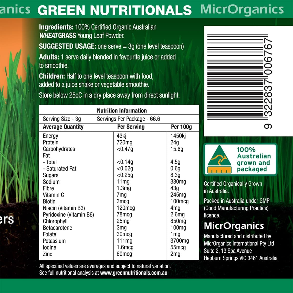 Thumbnail Green Nutritionals Australian 100% Organic Wheatgrass Powder 200g