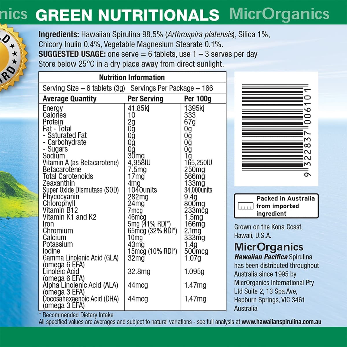 Thumbnail Green Nutritionals Hawaiian Pacifica Spirulina 1000 Tablets