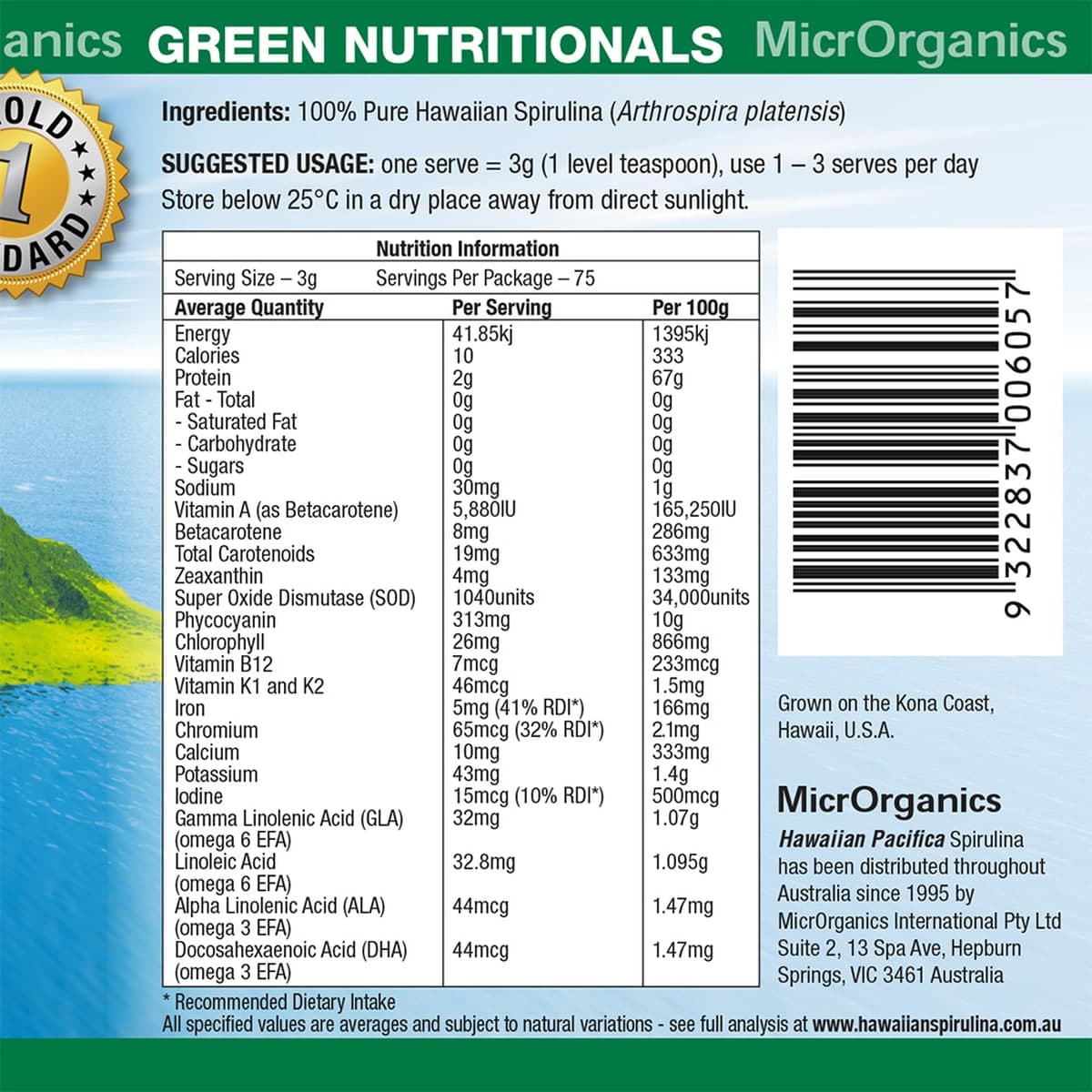 Thumbnail Green Nutritionals Hawaiian Pacifica Spirulina Powder 225g