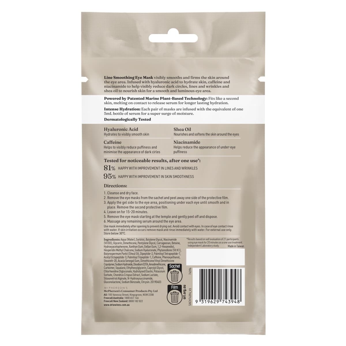 Thumbnail Dr Lewinns Line Smoothing Complex S8 Hyaluronic Acid & Caffeine Under Eye Recovery Masks 3 Pack