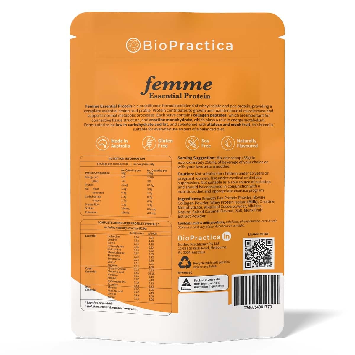 Thumbnail BioPractica Femme Essential Protein Powder With Creatine + Collagen Choc Caramel 950g