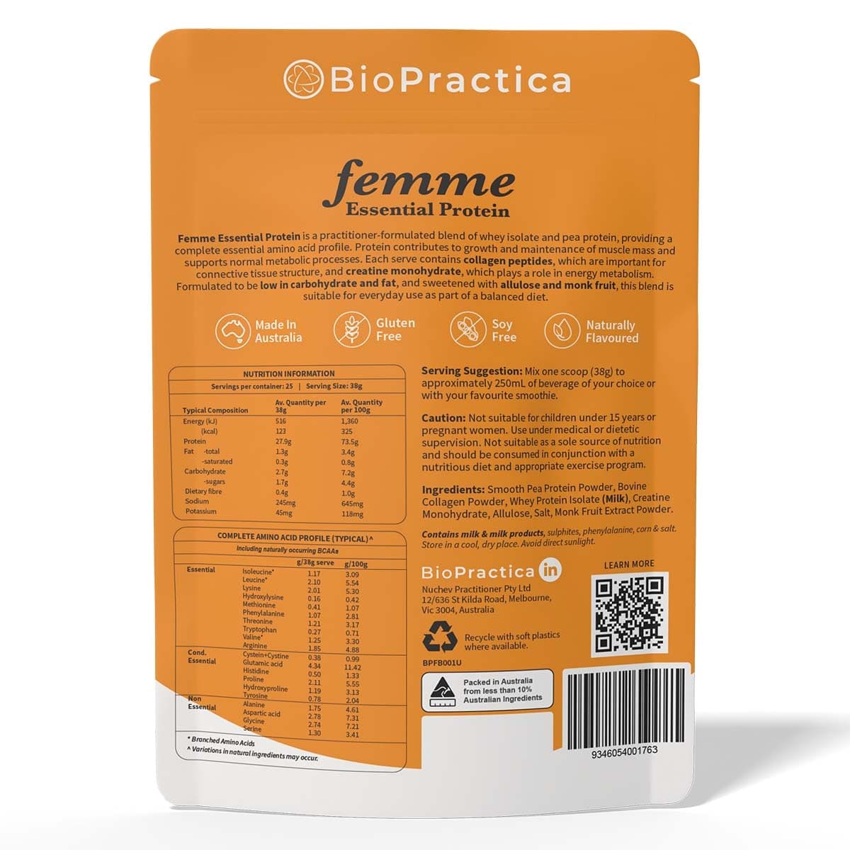 Thumbnail BioPractica Femme Essential Protein Powder With Creatine + Collagen Unflavoured 950g