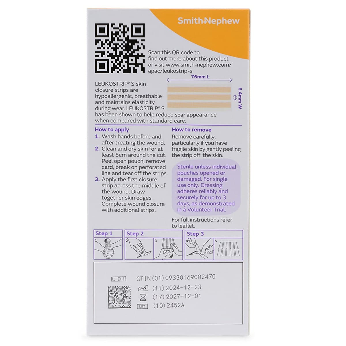 Thumbnail Leukostrip Skin Closure Strips For Minor Cuts 6.4mm x 76mm - 3 Pack