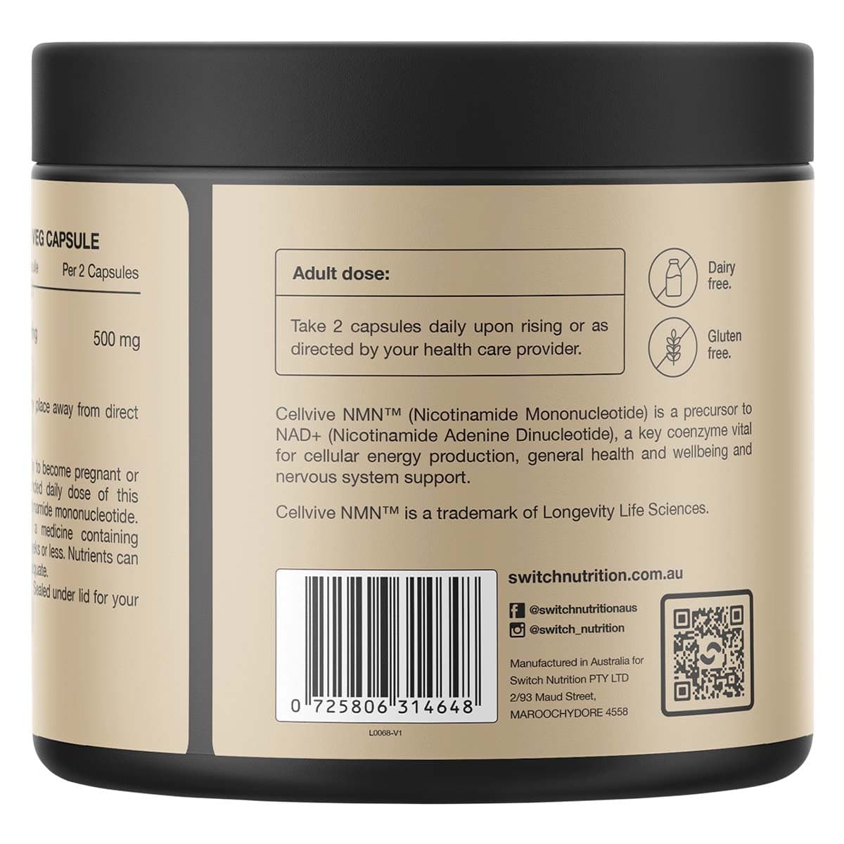 Thumbnail Switch Nutrition NMN Cellvive Nicotinamide Mononucleotide 60 Capsules