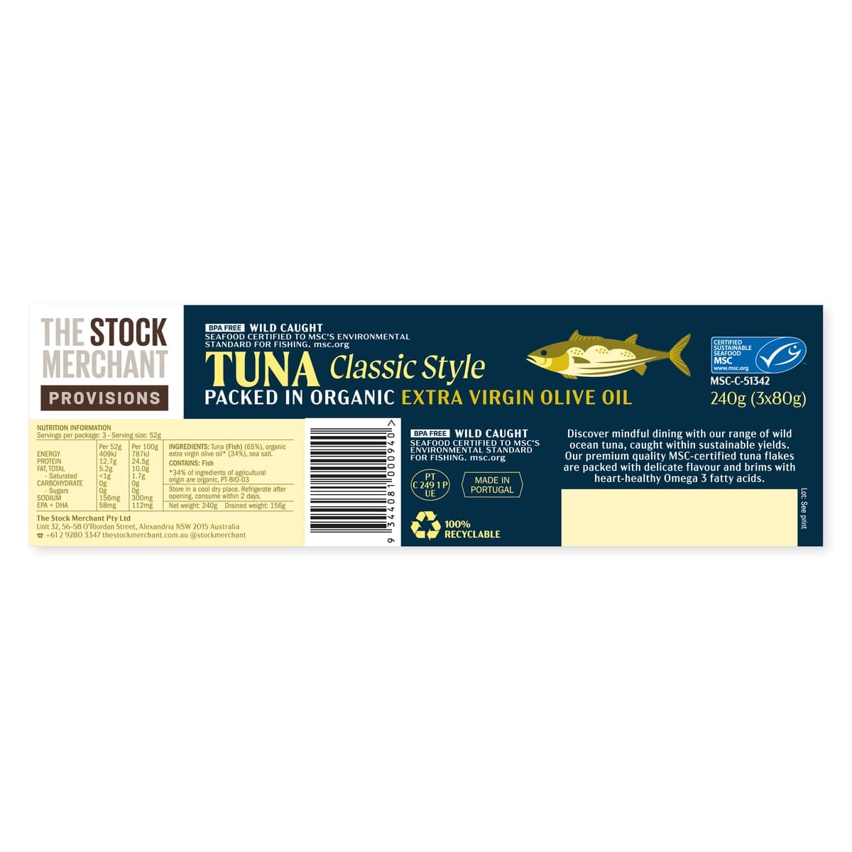 Thumbnail The Stock Merchant MSC Tuna in Organic Extra Virgin Olive Oil 3 x 80g