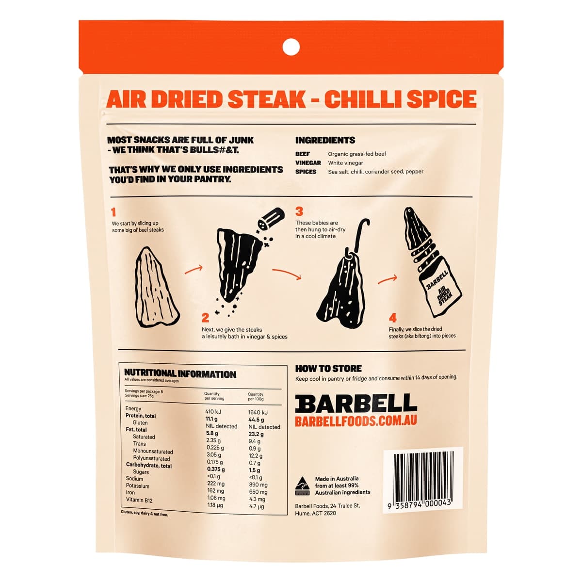 Thumbnail Barbell Organic Grass-Fed Air Dried Steak Chilli Biltong 200g
