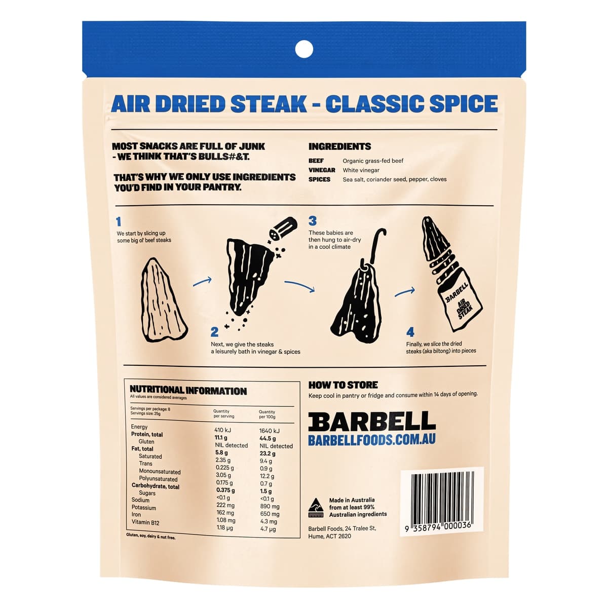 Thumbnail Barbell Organic Grass-Fed Air Dried Steak Classic Biltong 200g