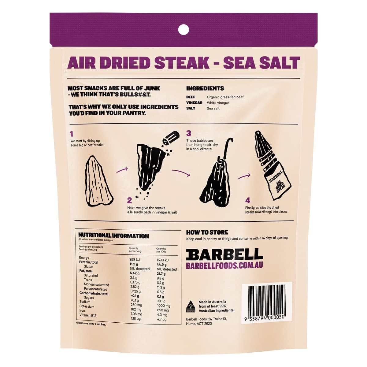 Thumbnail Barbell Organic Grass-Fed Air Dried Steak Sea Salt Biltong 200g
