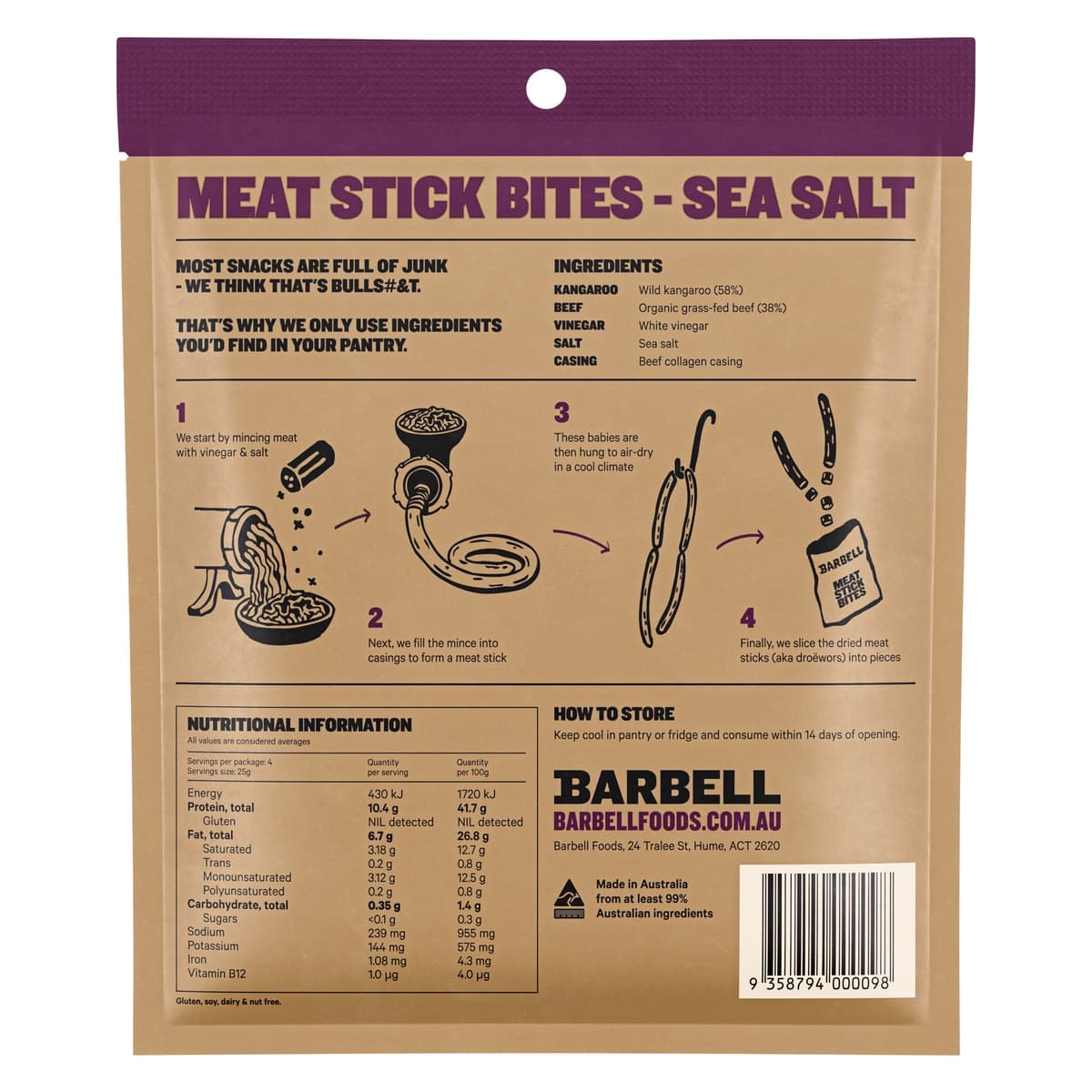 Thumbnail Barbell Kangaroo & Organic Beef Meat Stick Bites Sea Salt 100g