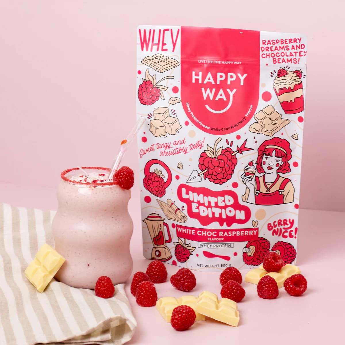 Thumbnail Happy Way Whey Protein Powder White Choc Raspberry 500g