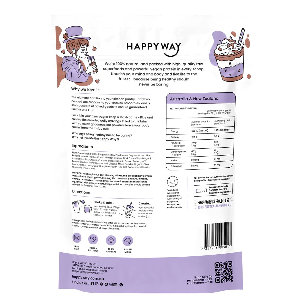 Thumbnail Happy Way Vegan Protein Powder Double Choc Chip 500g