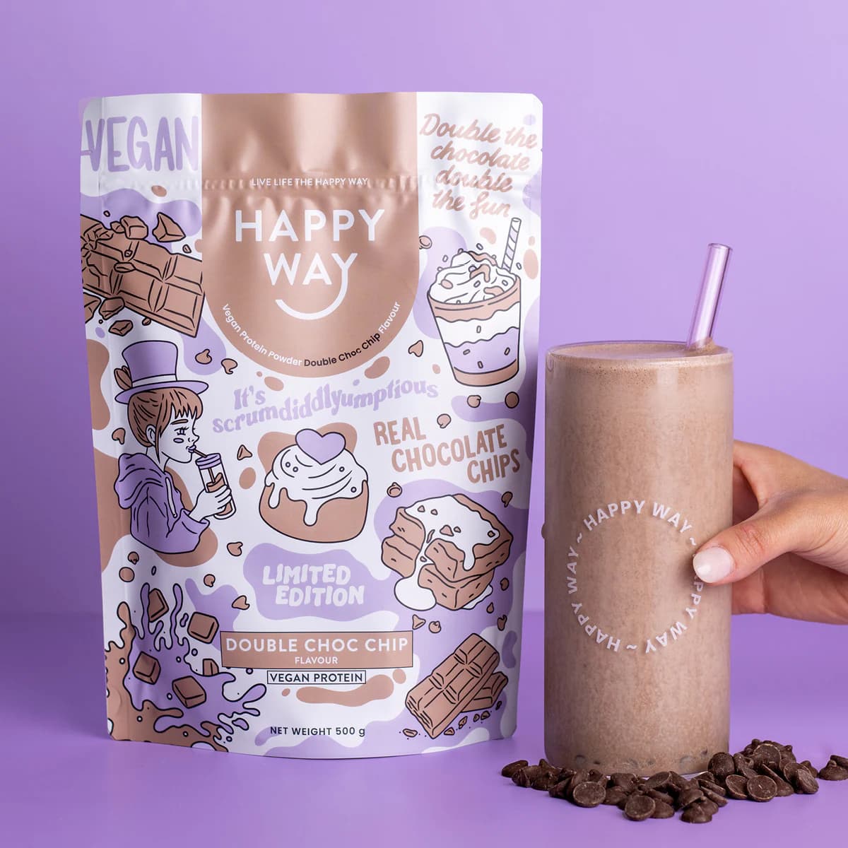 Thumbnail Happy Way Vegan Protein Powder Double Choc Chip 500g