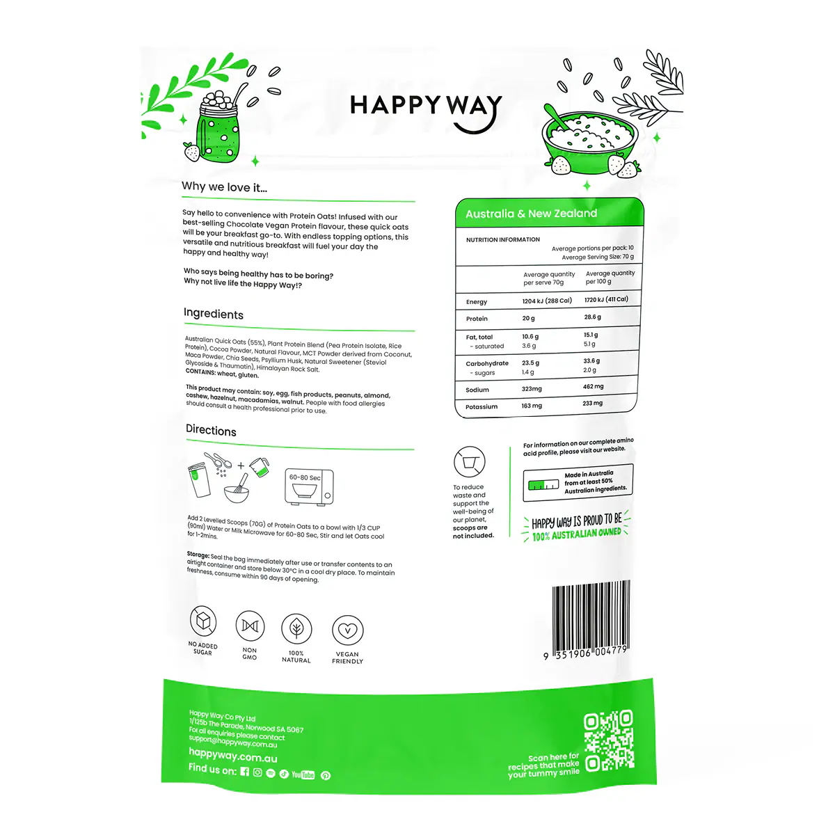 Thumbnail Happy Way Vegan Protein Quick Oats Chocolate 700g