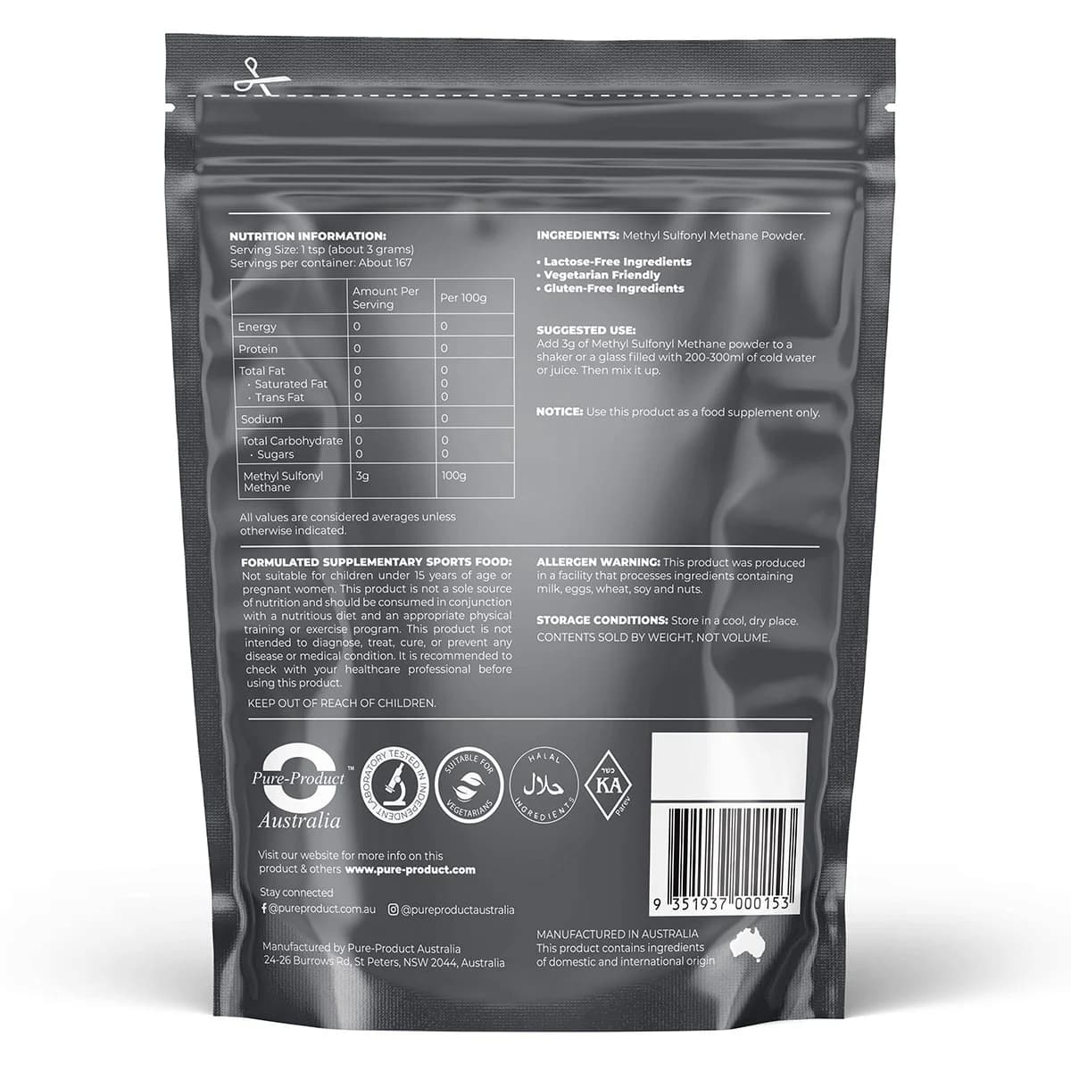 Thumbnail Pure Product Australia Methyl Sulfonyl Methane (MSM) 500g
