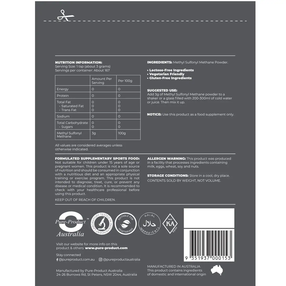 Thumbnail Pure Product Australia Methyl Sulfonyl Methane (MSM) 500g