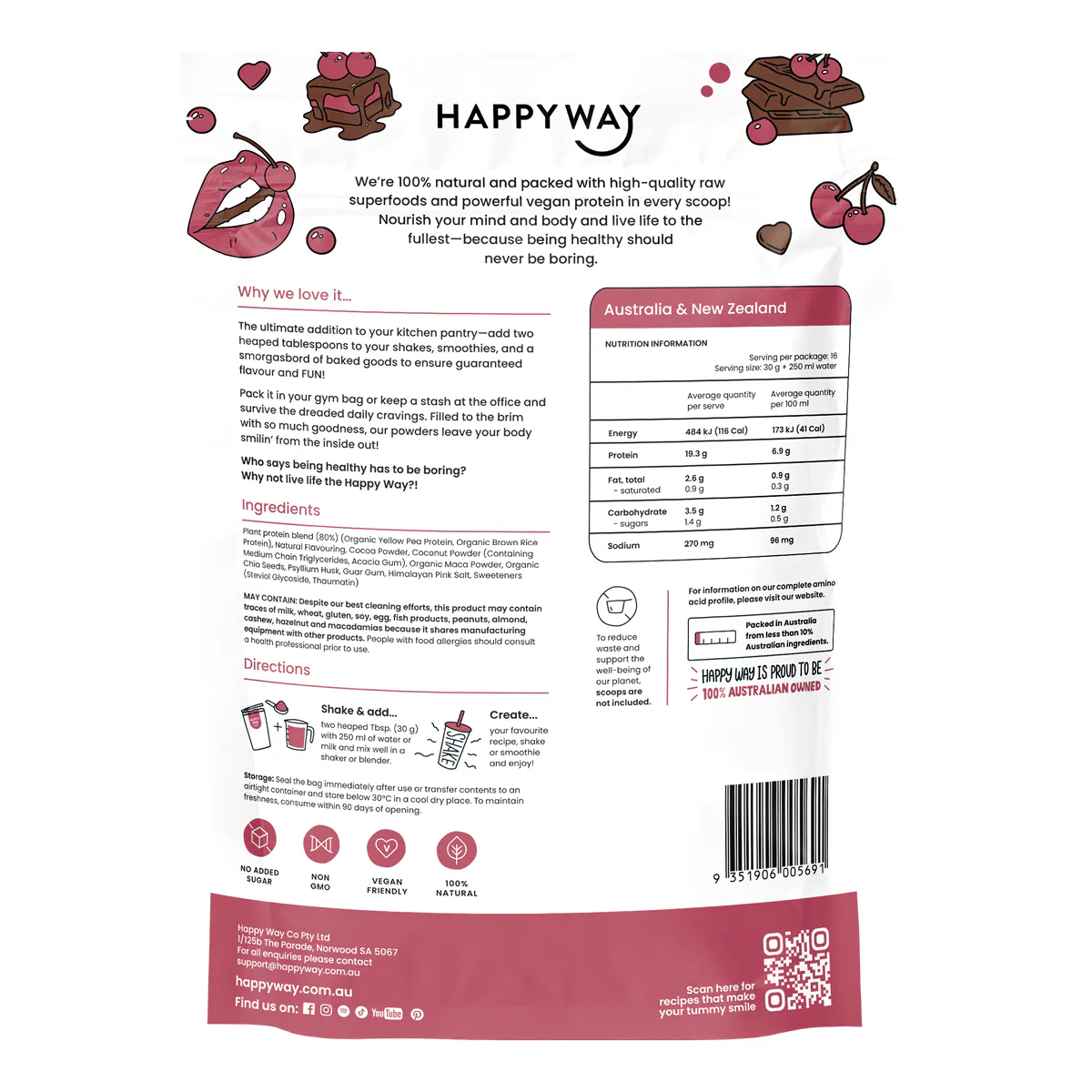 Thumbnail Happy Way Vegan Protein Powder Choc Cherry 500g