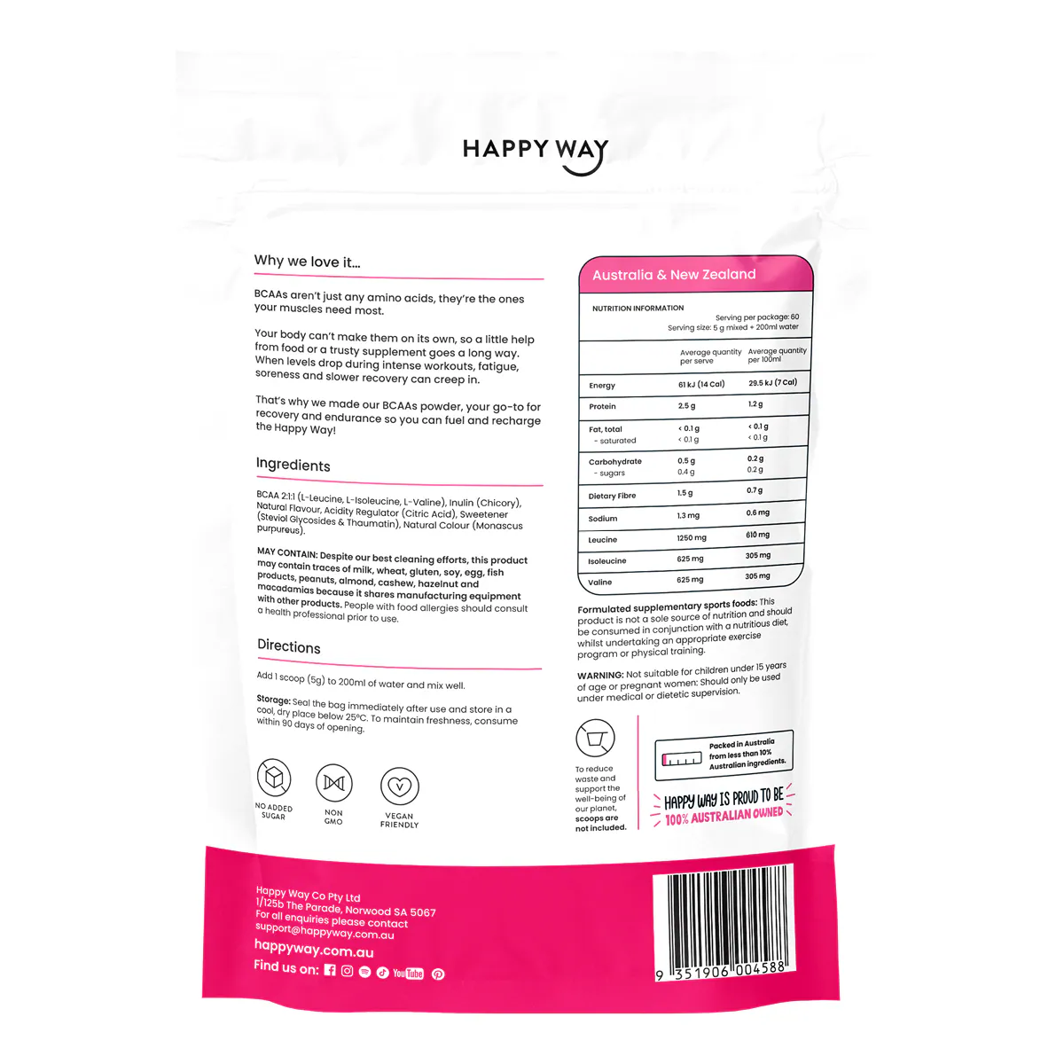 Thumbnail Happy Way Bcaa Powder Raspberry 300g