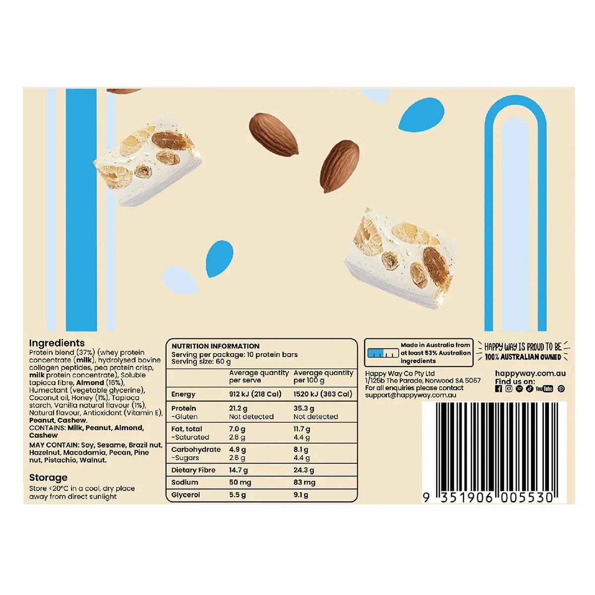 Thumbnail Happy Way Whey Protein Bar Vanilla Nougat Flavour 60g
