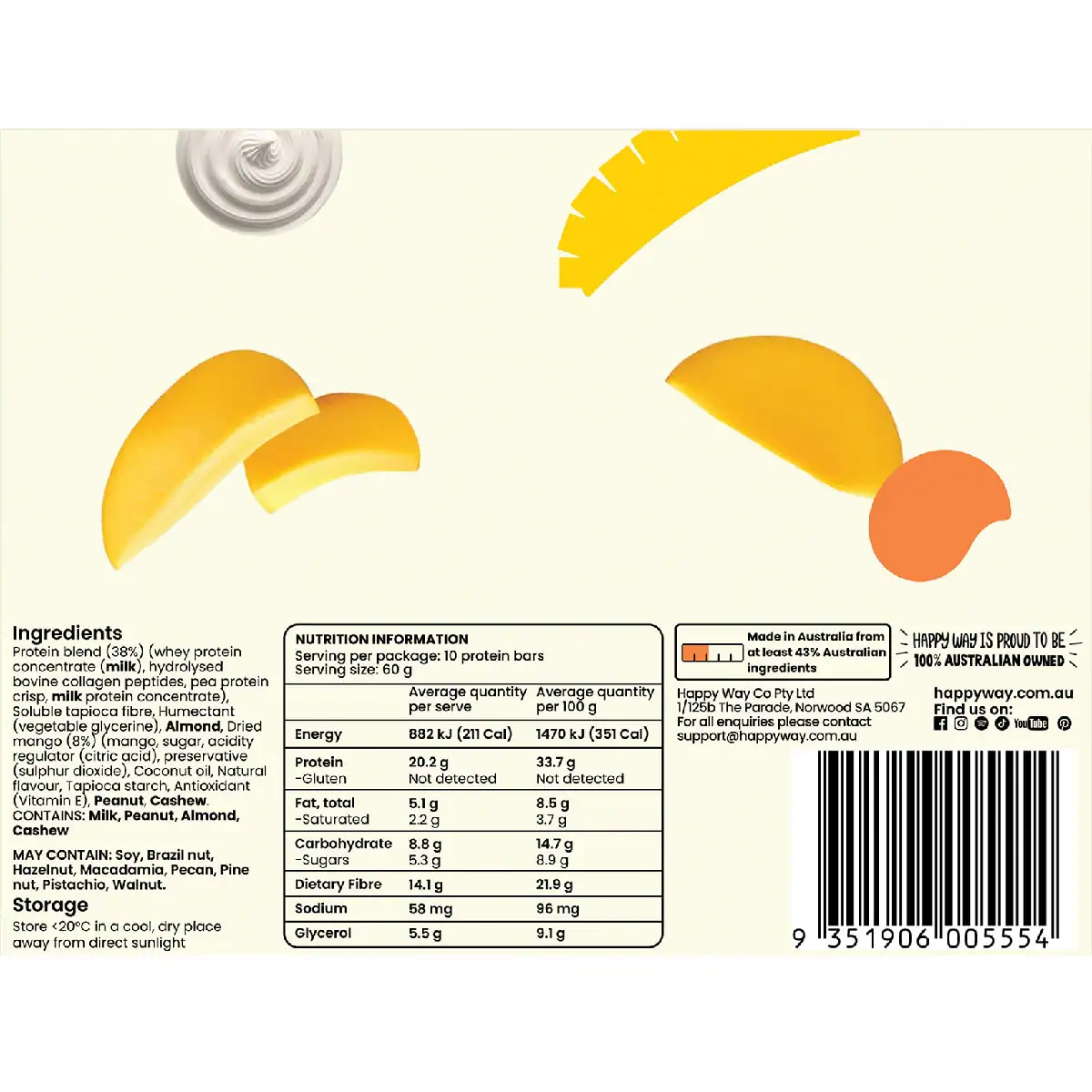 Thumbnail Happy Way Whey Protein Bar Mango Cream Flavour 60g