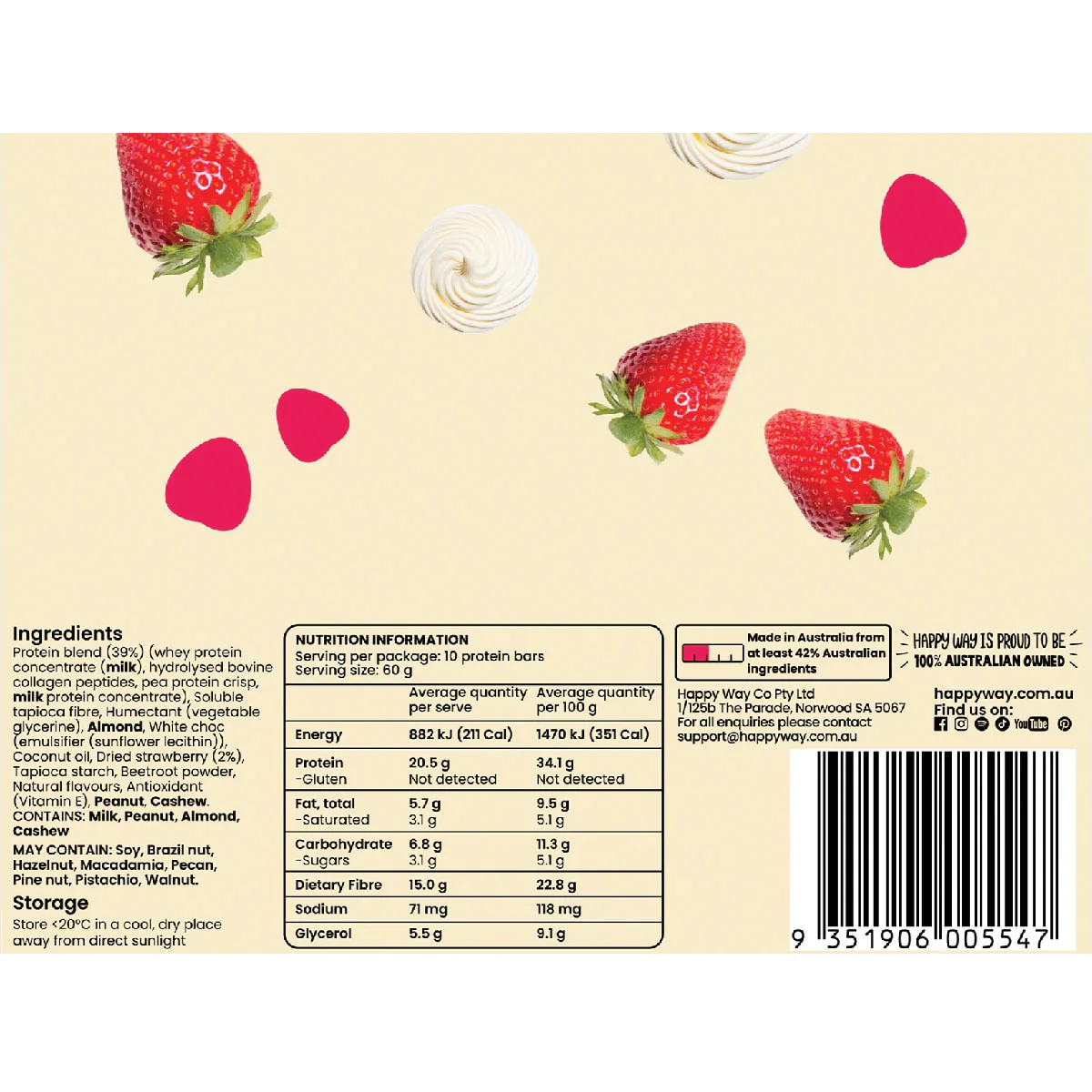 Thumbnail Happy Way Whey Protein Bar Strawberry Cream Flavour 60g