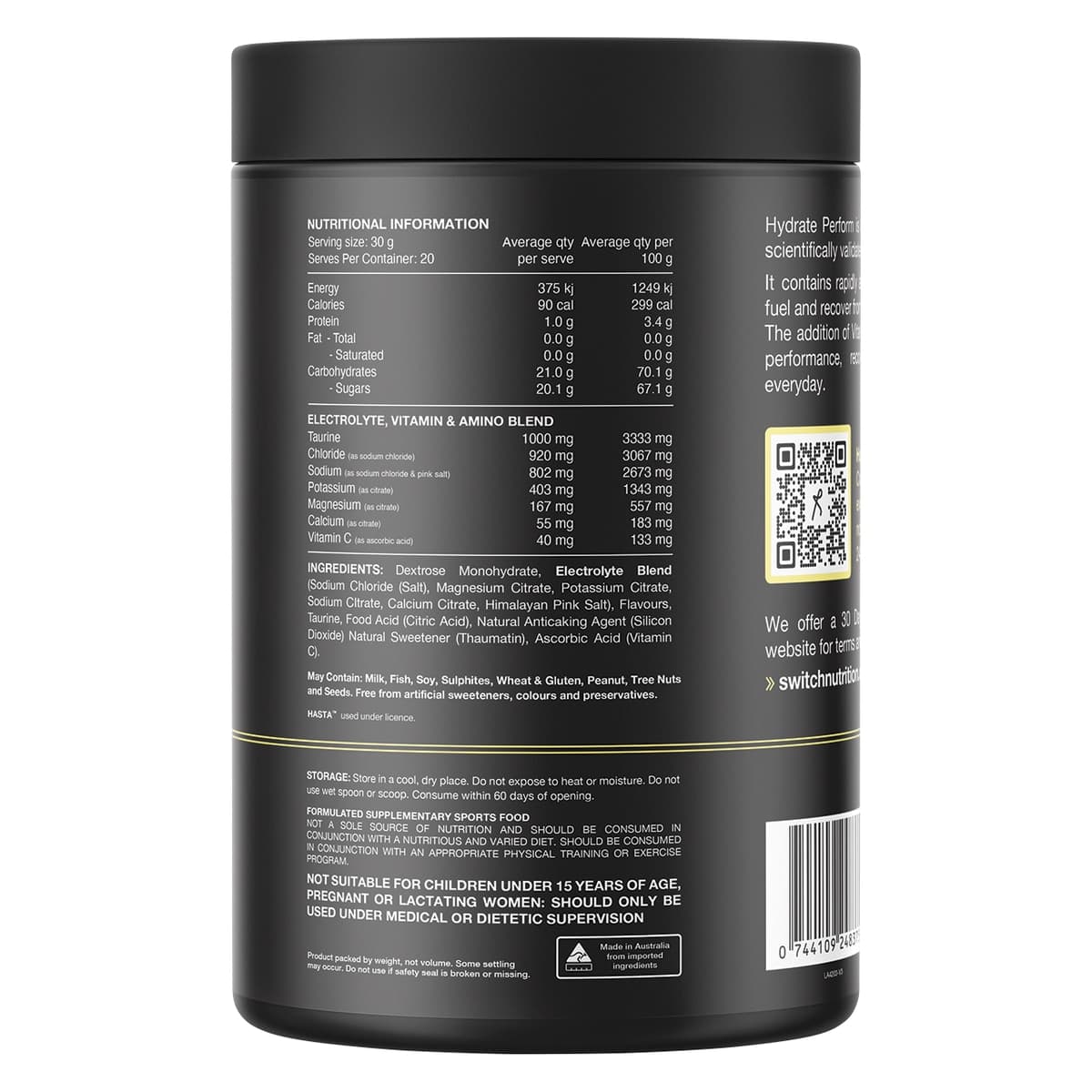 Thumbnail Switch Nutrition Hydrate Perform Electrolytes + Carbs Raspberry Lemonade 600g