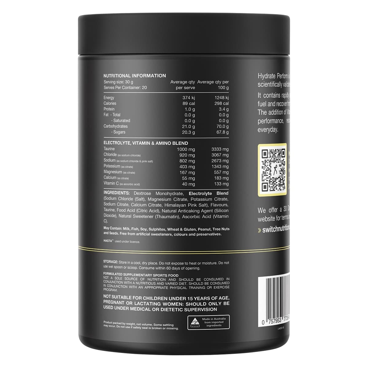 Thumbnail Switch Nutrition Hydrate Perform Electrolytes + Carbs Lemon Lime 600g