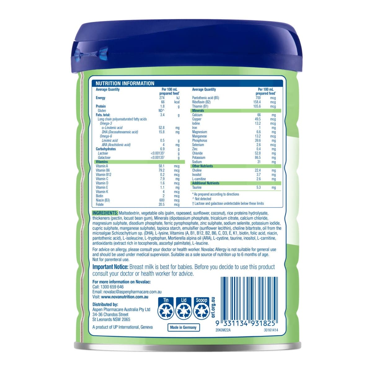 Thumbnail Novalac Allergy Premium Rice Based Infant Formula 0-12Months 800g