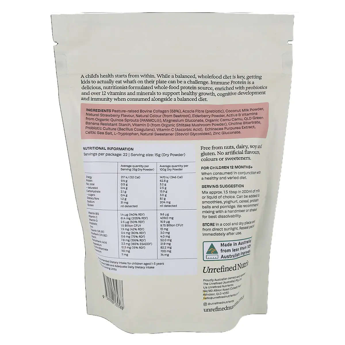 Thumbnail Unrefined Nutrients Kid's Immune Protein Strawberry Fort 330g