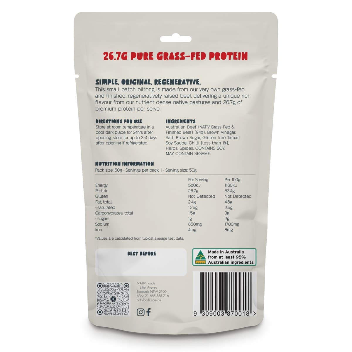 Thumbnail Nativ Foods Grass-Fed Beef Biltong Chilli 50g
