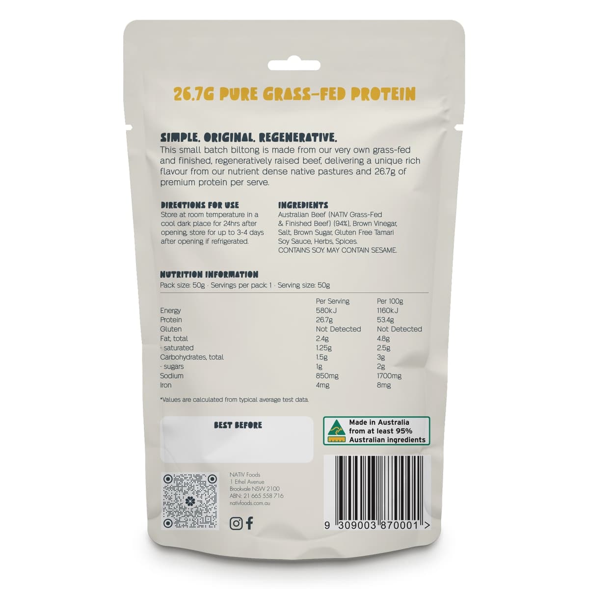 Thumbnail Nativ Foods Grass-Fed Beef Biltong Original 50g